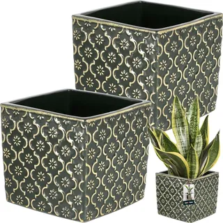 Viereckiger vintage dunkelgrüner Keramikblumentopf 13x13cm H: 13cm glasiert Keramik 2 Stück - für drinnen.