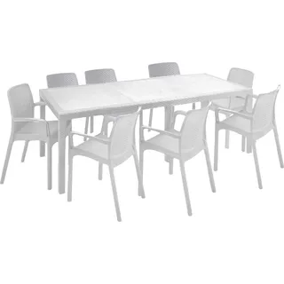 Outdoor Lounge Set Manarola, Outdoor Lounge Set, Ausziehbarer rechteckiger Tisch mit 8 Stühlen mit Armlehnen, Italy, Weiß - Weiß