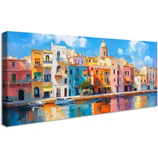 Mit Rahmen Groß Leinwand Bilder Abstrakt Bunte Häuser Leinwandbilder Bild auf Leinwand Malerei Stadt am Meer Blauer Himmel Seekarte Bild Wandbilder Heim Wohnzimmer Schlafzimmer Wanddekoration 50x120cm