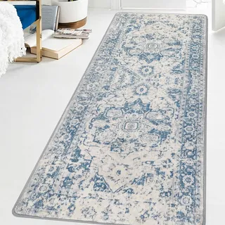 Famibay Teppichläufer rutschfest Teppich Läufer für Küche Waschbar Flurteppich Läufer 80x200cm Vintage Blau Küchenteppich Läufer für Flur Küche Schlafzimmer Wohnzimmer