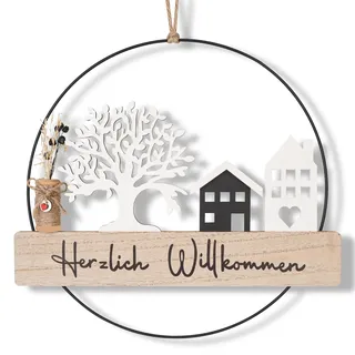 Trockenblumenkranz, Türkranz Häuser, Türkranz Herzlich Willkommen Trockenblumen Fensterdeko Hängedeko Personalisiert Dekokranz mit Willkommensschild Trockenblumen Lebensbaum und Haus (28cm)