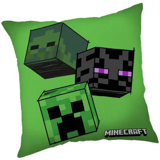 Jerry Fabrics Minecraft Kissen – The Mobs Green Design – Offizielles 40 cm x 40 cm quadratisches Kissen – Creeper, Zombie & Enderman Charaktere – weiches Plüschkissen für Kinderzimmer oder Spielzimmer