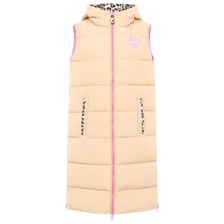 Wendeweste ZWILLINGSHERZ "Leopard", Damen, Gr. L, beige, Steppware, Obermaterial: 100% Polyester, normal knielang, ohne Ausschnitt, Westen Wendeweste, Leo Muster, beidseitig tragbar, modisch, Kapuze, Doppel-Zipper