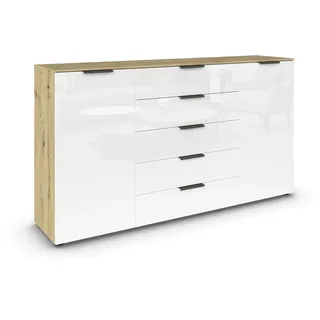 Rauch Möbel Flipp, Kommode für Schlafzimmer, Kinderzimmer, Wohnzimmer, Jugendzimmer, Flur, Garderobe, 2-türig, 5 Schubladen, mit Softclose-Funktion, Farbe Eiche Artisan, Holz/Glas Weiß, Breite 180 cm