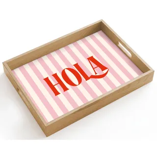 OnlyWow© Tablett Serviertablett rutschfest Griff Küchentablett | 40x30 cm - Rechteckig - Servierplatte Eiche Holztablett Henkel Hitzebeständig Hola - Zitat - Streifen - Pastell - Rosa - Weiß