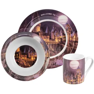 United Labels Harry Potter Frühstücksset Kinder, mit Hogwarts Motiv, Geschirr Set Porzellan, 3-teilig mit Teller, Schale und Tasse, spülmaschinenfest und mikrowellengeeignet