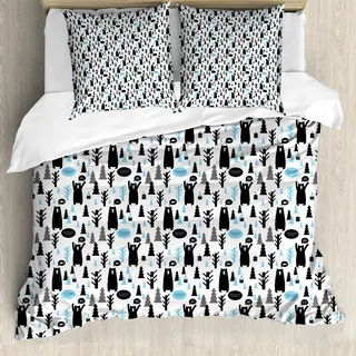 ABAKUHAUS Bär Bettbezug, Moderne Waldtiere Joy, Milbensicher Allergiker geeignet mit Kissenbezügen, 155 cm x 220 cm - 80 x 80 cm, Blassblau Schwarz Weiß - Weiß