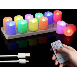 FREEPOWER 12 Stück Wiederaufladbare LED Teelichter Bunt mit Ladestation, USB-Kabel & Fernbedienung - Timer - Flackern - Dimmbar - Ø4 x 4,5cm