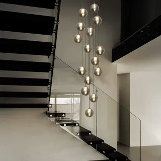 CBJKTX Pendelleuchte Treppenhaus 15 Flammig 320cm Hängelampe Glas Rauchgrau | Höheverstellbar Modern Hängeleuchte, Glaskugel Pendellampe, für Wohnzimmer Galerie Ballsaal Villa Esstisch
