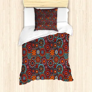ABAKUHAUS Mandala Bettbezug Set, Ethnischer asiatischer Stammes- Kreisblumenkosmos-Symbolismus-marokkanischer Entwurf, 135 x 200 cm + 80 x 80 cm, Zinnoberrot Himmelblau Rubin