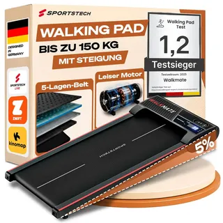 Sportstech, Walking Pad mit Steigung, 150 kg belastbar, 6 km/h, Under Desk | Mit Steigung bis 5%, inklusive App Mitgliedschaft, Home Office, Schrittzähler, leicht & kompakt, Transportrollen, WalkMate