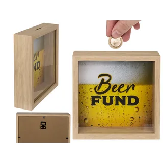 Holz-Spardose, Beer Fund, im Rahmen, ca. 20 x 20 cm