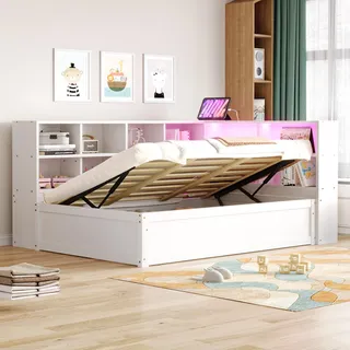 Flieks Hydraulisches Tagesbett Schlafsofa mit Stauraum, Jugendbett Einzelbett mit Led und Ladefunktion, Stauraumbett Holzbett mit Regal, Weiß - Weiß