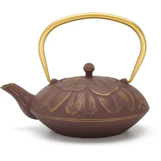 Graue Gusskanne 1.3 Liter Induktion - große Asia Teekanne lila mit goldfarbenen Henkel & Edelstahl Tee-Filter Sieb-Einsatz - ideal für lose Teesorten