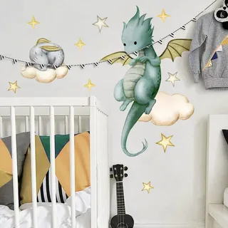 WandSticker4U®- Wandtattoo DRACHEN FREUNDE grün groß I Drache Wandaufkleber Babyzimmer Tiere Sterne Wolken I Dino Wandsticker Kinderzimmer Deko Junge Mädchen Möbel Aufkleber selbstklebend