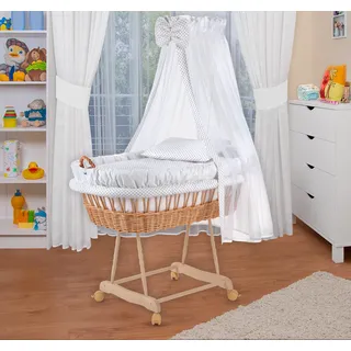 WALDIN Baby Stubenwagen-Set mit Ausstattung,XXL,Bollerwagen,komplett,weiß/Punkte grau,Gestell natur - Weiß