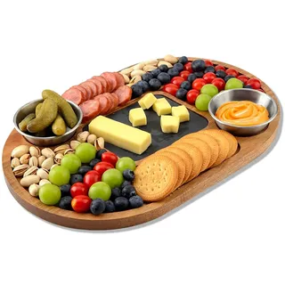 WLWNWFT Servierplatte aus Akazienholz mit Schieferplatte 36 x 24 cm, Servierbrett Holz mit 2 Edelstahl Dip-Schalen für Steak, Sushi, Steakbrett Steakteller Käsebrett Grillbrett