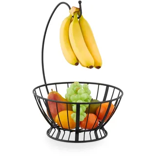 Relaxdays Obstkorb mit Bananenhalter, Metall, HxBxT: 40x28x26,5 cm, runde Obstschale, für Früchte und Gemüse, schwarz