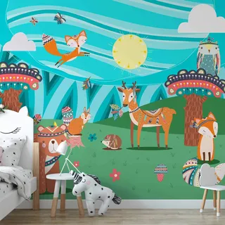 Vlies Fototapete - Adventures in the forest - forest animals in an Indian theme for children 300x210 cm Für Kinder e-C-0076-a-a