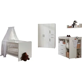 BMG Möbel Babyzimmer-Komplettset »Lea«, (Set, 6 tlg., Bett, Wickelkommode, Unterbauregal, Schrank, Wandboard), Bett + Wickelkommode + 2x Unterbauregal + 4-trg. Schrank + Wandboard, weiß