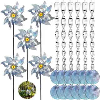 5 Stück Reflektierende Vogelabwehr Windräder Set mit 6 Windspiralen und 12 Anhängern, Taubenabwehr Balkon, Vogelschreck für Garten, Terrasse, Hof, Obstbaum, Taubenschreck Deko