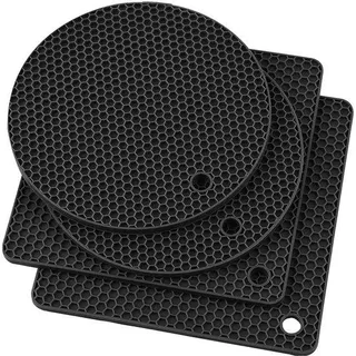 Unyqoos® 4‐teiliges Silikon-Topflappen-Set – 100% lebensmitteltauglich, BPA‐frei, hitzebeständig −30°C bis 240°C, rutschfest, schwarz, Honigwabenmuster, spülmaschinenfest, mit Aufhängeöse - Schwarz