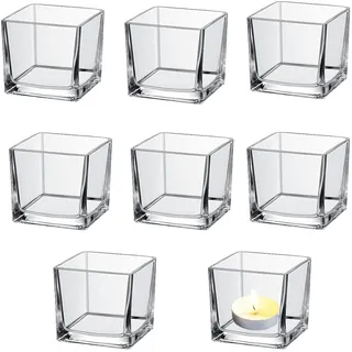 Teelichthalter Set 8 Stück Kerzenhalter Glas, Teelichtgläser 5.2cm Kerzenglas für Hochzeiten, Geburtstage, Kürbislaternen, Quadratische Transparente Kleine Glaskerzenhalter, Kerzenglas