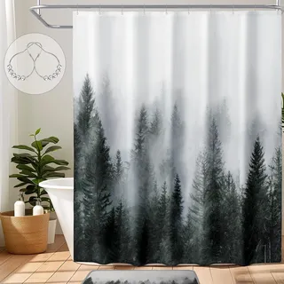 ORTIGIA Duschvorhang, Motiv: Nebelwald, Natur, Wald, Fantasie, Nebel, magischer Baum, Badvorhang für Badezimmer, Herbst-Duschvorhang, wasserdichter Polyester-Stoff, 183 cm B x L mit Haken