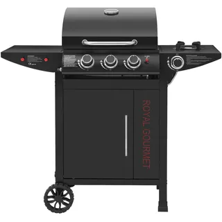 Royal Gourmet Gasgrill mit 3 + 1 Brennern aus Edelstahl, Gasgrill auf Rollwagen, Leistung 11,5 kW, mit Tablett und Thermometer, 2 Rollen und 1 Tür, geeignet für Garten und Außenbereich, Schwarz
