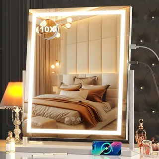 Hasipu Kosmetikspiegel mit Beleuchtung, 43 x 55cm LED-Schminkspiegel, Beleuchteter Spiegel mit Smart Touch, 3 Farbmodi und Helligkeitseinstellung, 10-fache Vergrößerung, 360°-Drehung
