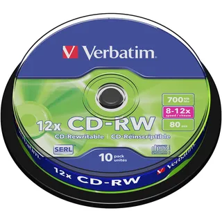 Verbatim CD-RW, 700 MB/ 80 Minuten - 12-fache Brenngeschwindigkeit, hochwertiger CD-Rohling - zum Daten sichern und brennen, 10 Stück Spindel 1795079