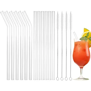 ASelected 12 Stück Glasstrohhalme Strohhalm Glas Wiederverwendbar 6 Gerader und 6 Gebogene Strohhalme Glas mit 4 Reinigungsbürste Trinkhalme für Bubble Tea Cocktail Säfte Slush