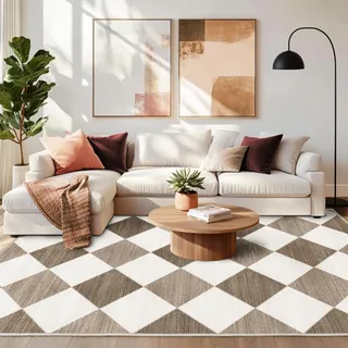 Chicnix Teppich Wohnzimmer Kurzflor, Schlafzimmerteppich Waschbar rutschfest Weich, Moderner Kariert Geometrisch Teppich 140x200 für Schlafzimmer Kinderzimmer Büro Esszimmer, Braun Beige Weiß