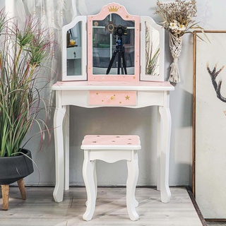 Zstar Kinder-Schminktisch, Mädchen-Schminktisch mit dreifach klappbarem Spiegel, Hocker und Schublade, 2-in-1-Schminktisch aus Holz im Prinzessin-Stil, Schminktisch für Kleinkinder