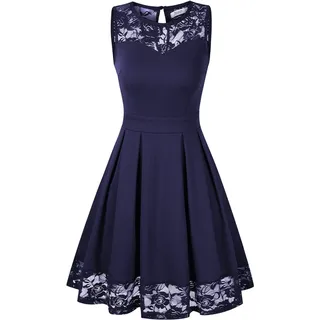 KOJOOIN Damen Elegant Kleider Spitzenkleid Ohne Arm Cocktailkleid Knielang Rockabilly Kleid Blau Dunkelblau S