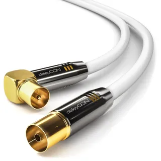 deleyCON 7,5m 4K TV Antennenkabel Koaxialkabel - 4K Ultra-HD Full HD HDTV - 1x IEC-Stecker 90° Gewinkelt zu IEC-Buchse Gerade - TV Radio DVB-T2 Metallstecker - Weiß