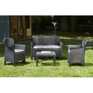 Dmora Outdoor-Lounge-Set Ostuni, Gartengarnitur mit 2 Sesseln, 1 Sofa und 1 Couchtisch, Sitzecke in Rattan-Optik mit Kissen, 100 % Italy, Anthrazit
