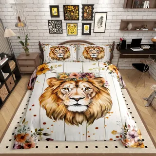 Homewish Löwin Bettwäsche 135x200 Kinder, Goldener König Der Löwen Bettbezug Set für Mädchen Jungen, König des Dschungels Bett Set, mit 1 Kissenbezug Holzbrett Dekor, Weiche Mikrofaser