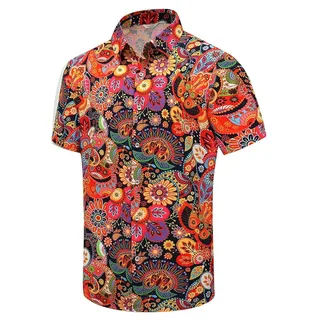 SheLucki Hawaiihemd für Herren, Unisex Sommer Strand Casual Kurzarm Button Down Shirts Bedruckte Palmshadow Kleidung, Paisleymuster, bunt, XX-Large