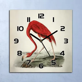 Wanduhr Echt-Glas-Küchenuhr Flamingo Vintage Quarz Lautlos 30x30 Deko Bilder - Rot