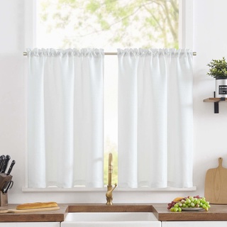 TOPICK Scheibengardine Leinenoptik Bistrogardine Uni Kurzer Küche Vorhänge Gewebe Gitter Lichtfilterung Paarig Schals für Wohnzimmer Landhaus Kleine Fenster 90x90cm Weiß 2er Set