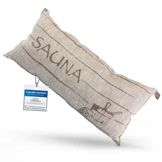 sositex | 1 Premium Saunakissen Lieblingskissen Reisekissen | Design: SAUNIA | Maße: 45 x 22 cm, Leinen/Baumwolle Hängematte, Strand oder Picknick (Brown/White)