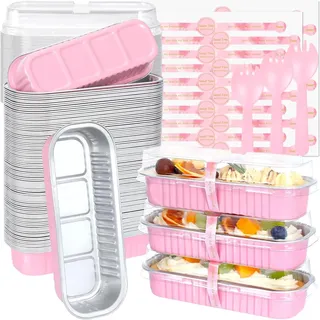 KAHEIGN 50Pcs Kuchen Kastenform Alufolie Backformen, 200ml Alufolie Muffinförmchen mit Deckel und wiederverwendbaren Löffel für Cupcake Kuchen, Rechteckige Backformen zum Einbacken
