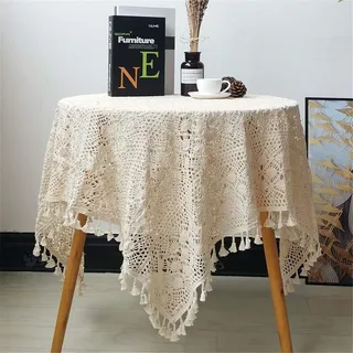 BMIDRUT Beige Häkel-Deckchen Tischdecken Quadratisch Vintage Spitze Baumwolltischdecken Tischabdeckung Tischdekor Hochzeit Zuhause Party (90x90 cm/35x35 Zoll) BMIDRUT Beige Häkel-Deckchen Tischdecken