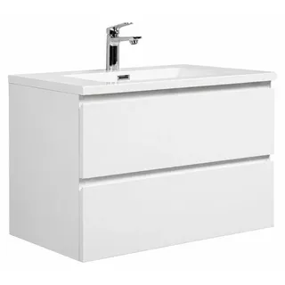 Badplaats Badmöbel Set mit Waschbecken und Unterschrank Angela 80 x 48 cm Weiß Hochglanz - Waschbeckenunterschrank mit Soft-Close und Waschbecken, Vorgemontiert - Weiß