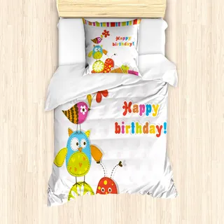 ABAKUHAUS Geburtstag Mantele, Geburtstags-Eulen-Vögel, Resistente al Agua Lavable Colores No Destiñen Personalizado, 135 cm x 200 cm - 80 x 80 cm, Mehrfarbig
