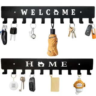 Feluxor Schlüsselhalter Wand mit 10 HakenSchlüsselbrett mit Ablage Ohne Bohren Schwarz Schlüsselboard Modern WELCOME HOME für Küche Schlafzimmer Wohnzimmer Badezimmer Schlüssel Wandlagerung Organizer