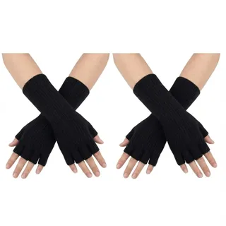 Pangda 2 Paar Unisex Fingerlose Handschuhe - Half Finger Dehnbar Strick Verlängern Handgelenk Winter Warme Handschuhe (Schwarz)