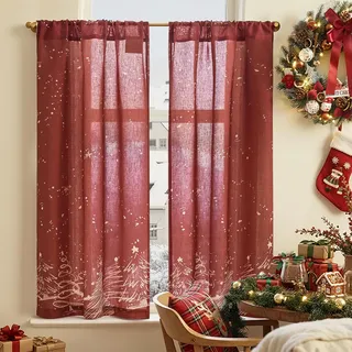 TOPICK Scheibengardinen Küche Bistrogardinen 2er Set Weihnachtengardinen Scheibengardinen Landhausstil Weihnachtsbaum, H115xB65 cm Weihnachts Gardinen Wohnzimmer Scheibengardine Schlafzimmer Rot