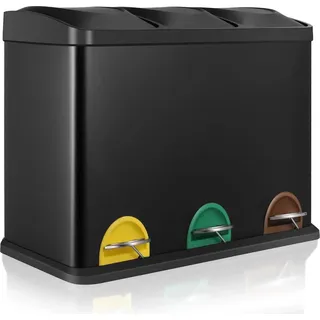 Küchen Abfalleimer - Pedaleimer 3 Fächer - 6 L Volumen - Edelstahl - Rechteckig - Mülltrennung - Schwarz